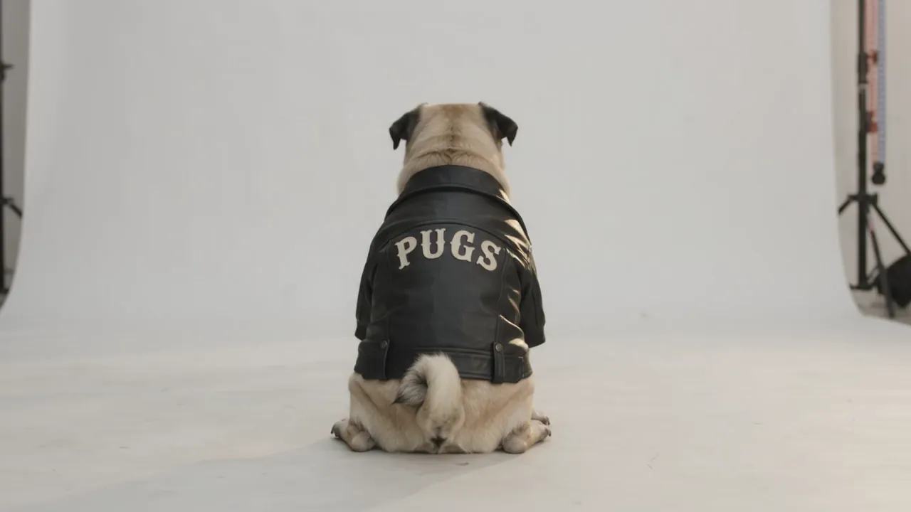 Pug in leather jacket facing away, jacket reads PUGS