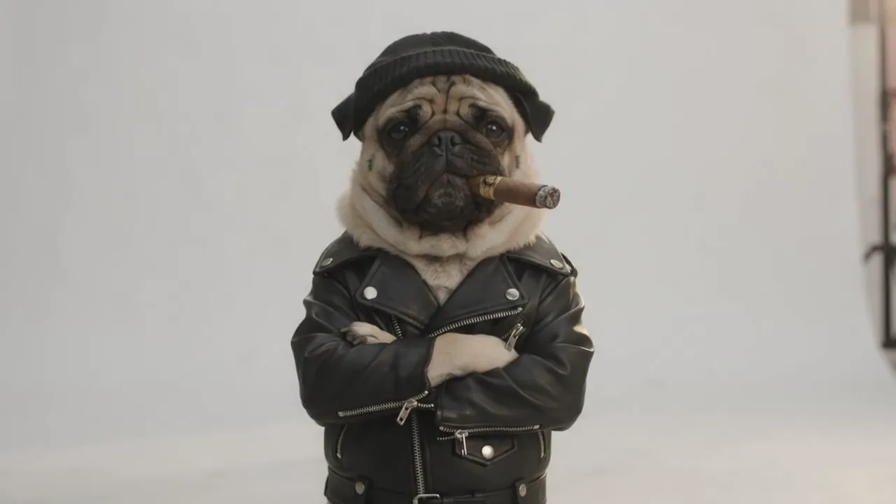 Pug facing camera with arms crossed, beanie, and cigar