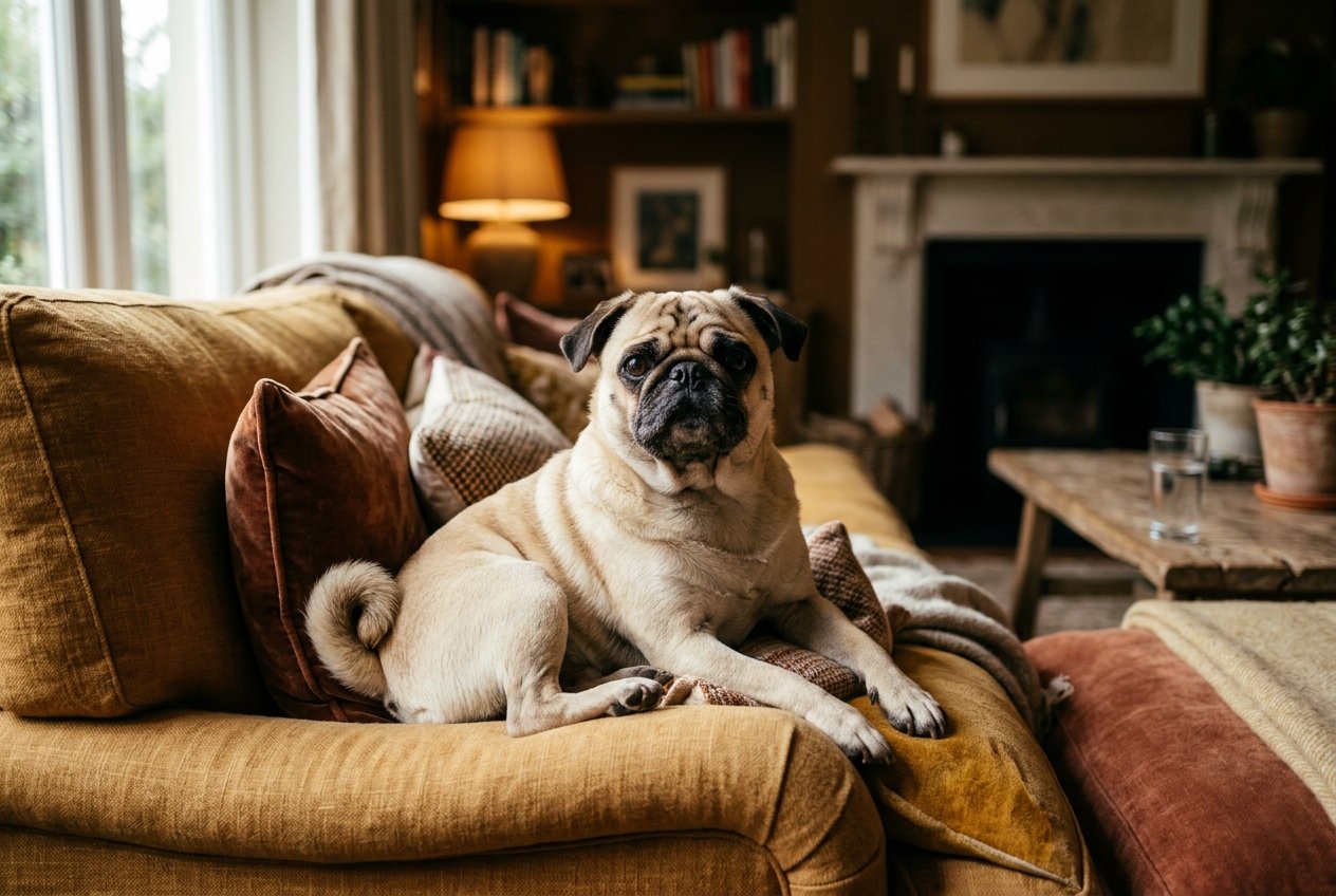 A pug lounging regally on a sofa